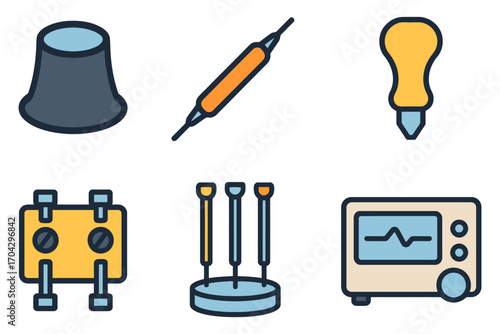 A collection of tools and equipment, including a screwdriver, a wrench, a light bulb, and a pair of pliers. Vector.