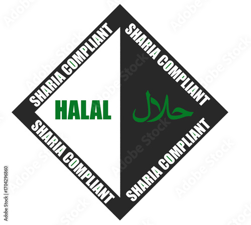 Halal certification stamp design with English text on one side and Arabic text on the other, symbolizing authenticity, trust, and Sharia-compliant food and products. sharia compliant text in outline