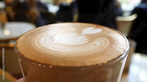 Close Up Coffee Drink with Latte Art on Frothy Cream on Table in Cafe with Soft Lighting
