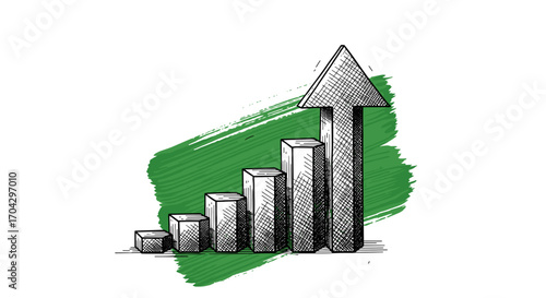 Black and white engraving sketch of upward arrow growth chart on green brush stroke, isolated on white background, vintage etching vector illustration for design, trendy business and finance concept