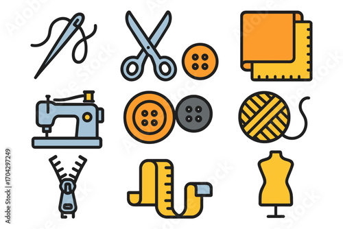 A set of sewing tools and accessories. The image is a collection of various sewing items, including scissors, needles, buttons. Vector.