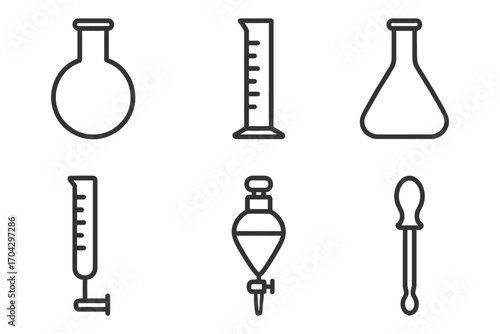 A set of scientific instruments including a beaker, a thermometer, a graduated cylinder, a pipette, a burette, and a test tube. Vector.