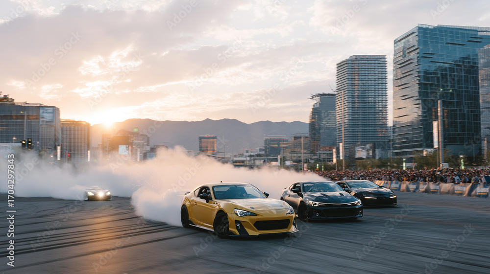 Fototapeta premium Groups of racers perform burnouts in a vacant lot with rubber smoking crowds circling cameras recording and sparks flying from undercarriages captured in a explosive photo with