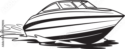 Silhouette of a Speedboat on Water with Waves on a Transparent Background Illustration