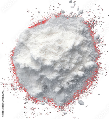 Pile of White Powder with Red Speckled Edges Exploding on a White Background heap granular