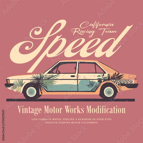 New York  Speed Race car illustration print racing team trendy fashionable vector t-shirt and apparel design, typography, print, poster. Global swatches. Vintage Classic Car Illustration