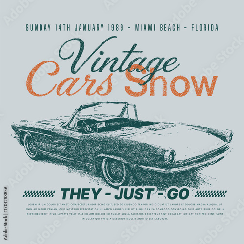 Retro car vintage poster vector illustration design, Speedway graphic print design. Speed racing print design for t shirt print, poster, sticker, background and other uses. American racing. Race flag
