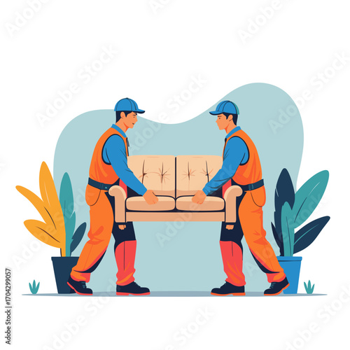 Two movers carrying a sofa together in bright indoor environment/ Professional furniture transportation  
