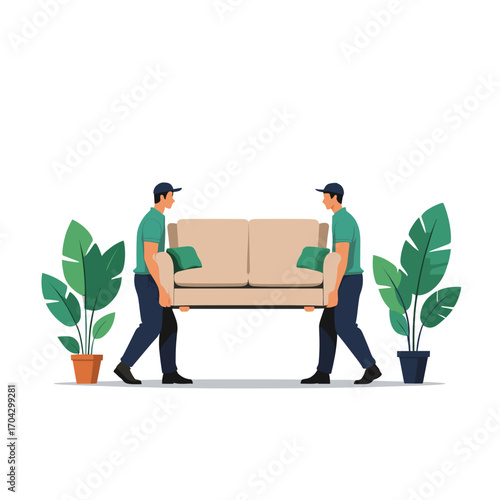 Two movers carrying a beige sofa with cushions among plants, Professional furniture transportation  