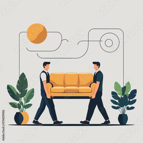 Two men carrying a yellow sofa surrounded by indoor plants, Professional furniture transportation  