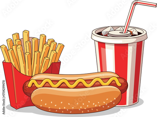 Classic Hot Dog with Mustard and Fries Vector
