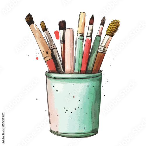 Watercolor Paintbrushes in a Green Cup with Artistic Splatter and Details