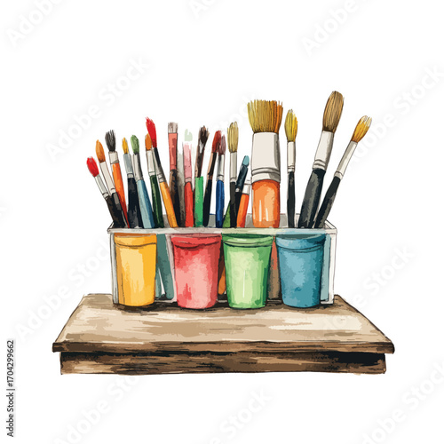 Watercolor Painting Brushes in Colorful Cups on Wooden Shelf