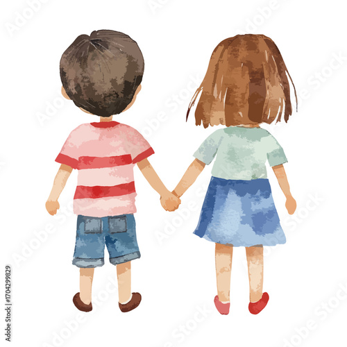 Watercolor Painting of Children Holding Hands from Behind