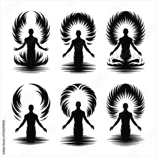 A collection of 6 black silhouette illustrations portraying a figure rising enveloped in a mystical energy aura