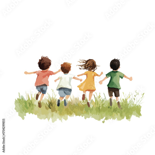 Watercolor Painting of Children Running Away in Grass