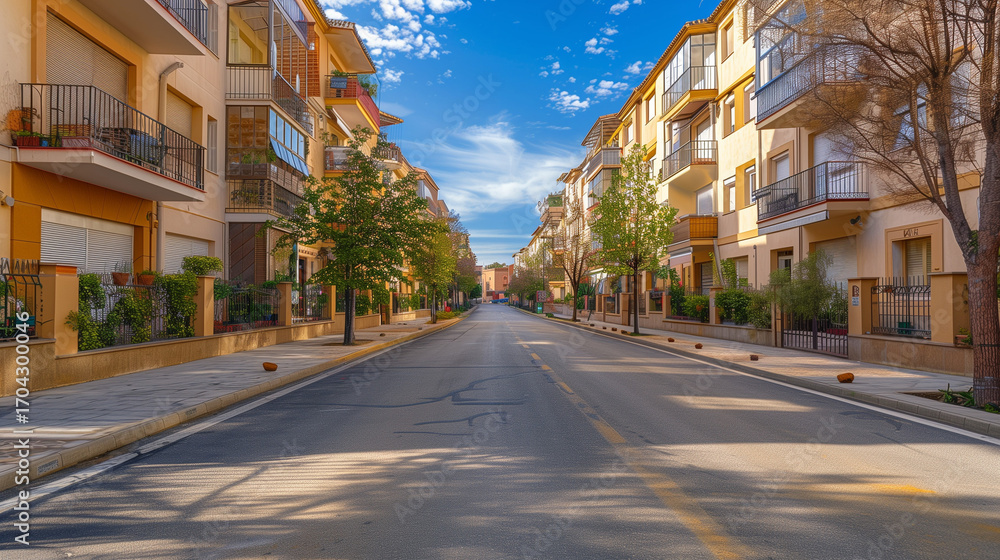 Obraz premium Generic stock image of a residential urban street with apartment buildings, balconies, asphalt road and sidewalks, created for real estate and housing use in southern Europe. Not a specific location. 