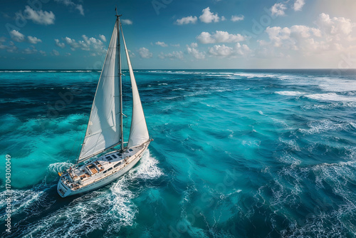 Wide angle seascape with modern white sailing yacht navigating turquoise ocean waves under blue sky horizon