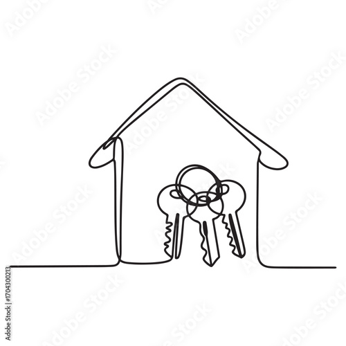Single continuous line Art drawing three keys from apartment. House apartment rental for sale. with white background