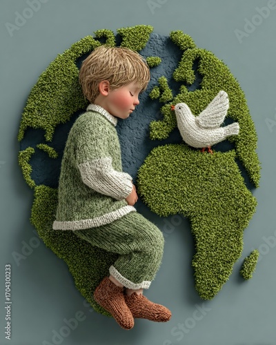 Peaceful child resting on green eco-lawn with world map and dove, World Peace Day concept