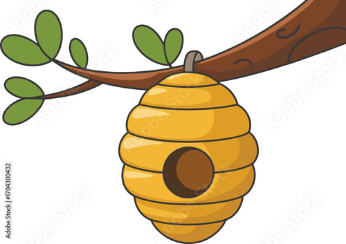 Cartoon beehive hanging from a tree branch with leaves