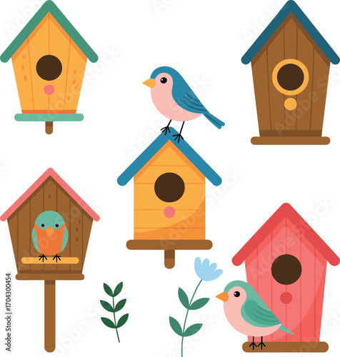 Charming collection of colorful birdhouses with adorable birds
