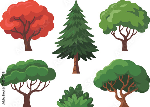 Collection of diverse cartoon trees and bush on white background