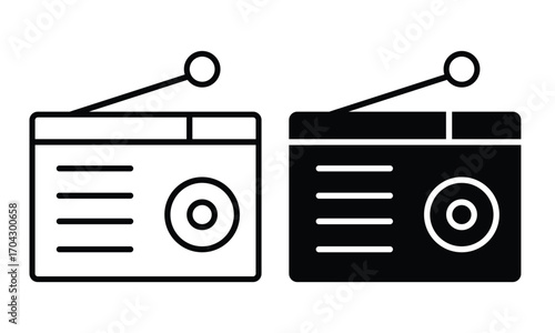 Radio Icons: Two sleek radio icons, one in a stark black and white, showcasing the classic design of the device and a nod to vintage communication technology.