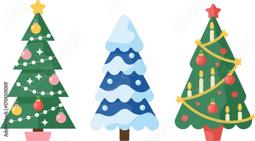 Three festive decorated christmas trees with ornaments and lights