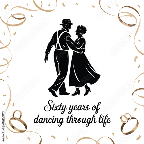 A solid black vector silhouette of an elderly man and woman dancing closely