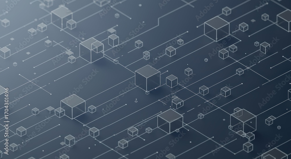 Fototapeta premium Abstract blue technological background with interconnected cubes and data lines representing network concepts.