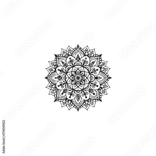 Intricate black and white mandala design with repeating geometric patterns and floral motifs
