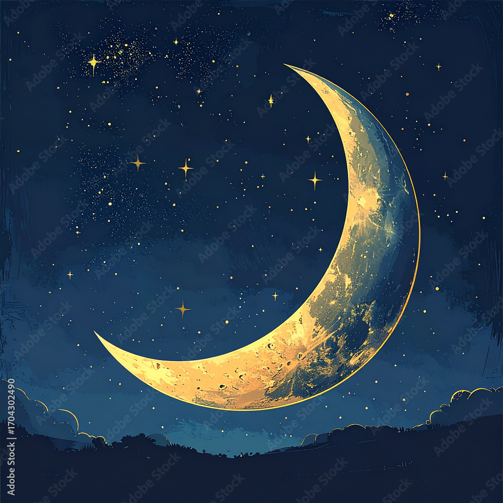 Naklejka premium A luminous crescent moon shining brightly in the night sky, surrounded by stars and clouds