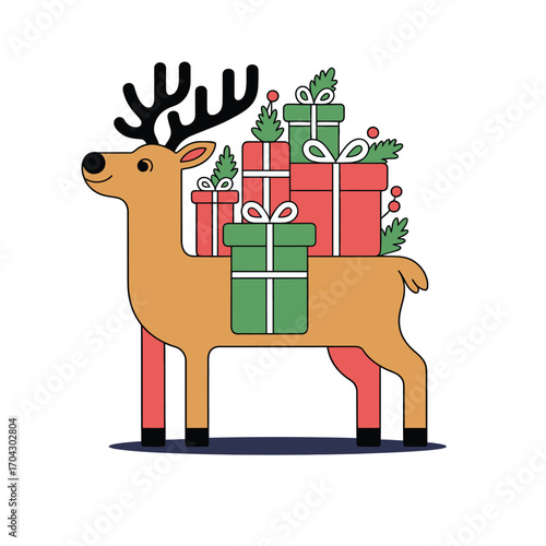 Whimsical reindeer carries stack of festive christmas gifts and greenery.