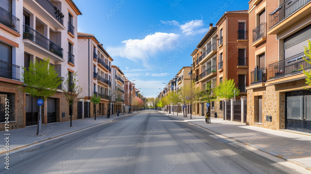 Fototapeta premium Generic stock image of a residential urban street with apartment buildings, balconies, asphalt road and sidewalks, created for real estate and housing use in southern Europe. Not a specific location. 