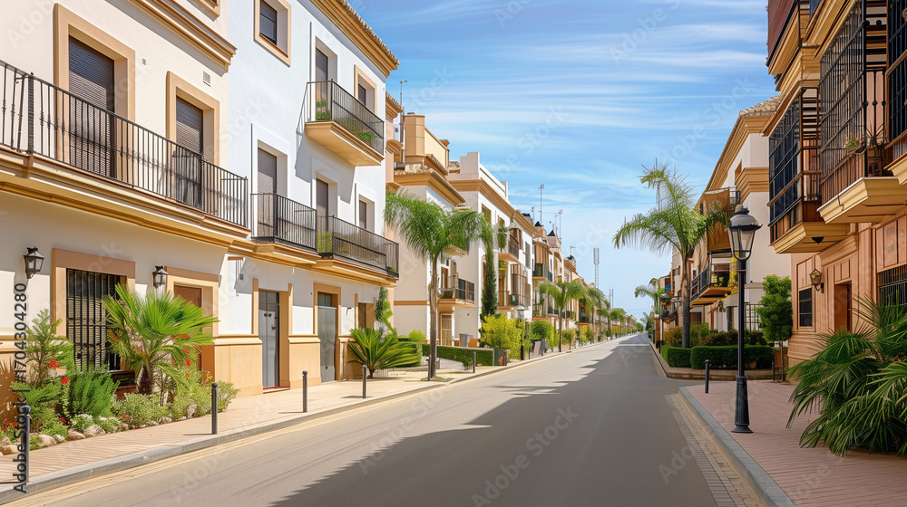 Fototapeta premium Generic stock image of a residential urban street with apartment buildings, balconies, asphalt road and sidewalks, created for real estate and housing use in southern Europe. Not a specific location. 