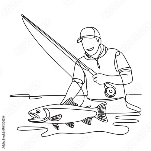 Single continuous line Art drawing young happy fisher man fly fishing success to catch big trout fish in open river. with white background