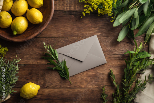 Celebrating Sukkot with an invitation card, lulav, and fresh produce on a rustic wooden table, deepening Jewish traditions during the Feast of Tabernacles
