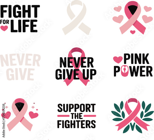 Breast cancer awareness graphic elements with pink ribbons hearts and motivational text fight for life