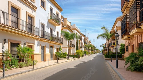 Generic stock image of a residential urban street with apartment buildings, balconies, asphalt road and sidewalks, created for real estate and housing use in southern Europe. Not a specific location.
