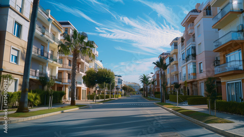 Generic stock image of a residential urban street with apartment buildings, balconies, asphalt road and sidewalks, created for real estate and housing use in southern Europe. Not a specific location.
