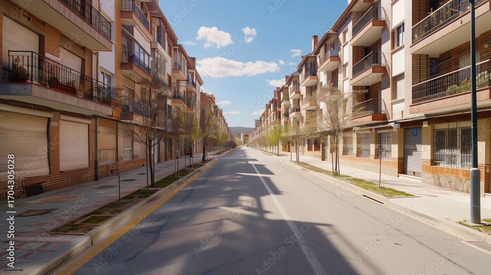 Fototapeta premium Generic stock image of a residential urban street with apartment buildings, balconies, asphalt road and sidewalks, created for real estate and housing use in southern Europe. Not a specific location. 
