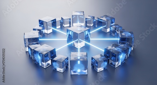 Abstract blue glass cubes connected by glowing lines representing network data blockchain technology