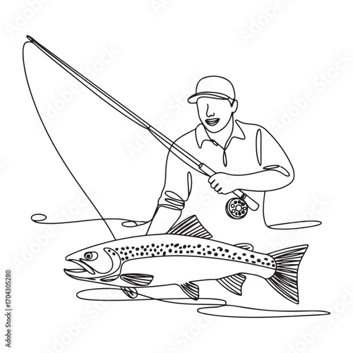 Single continuous line Art drawing young happy fisher man fly fishing success to catch big trout fish in open river. with white background