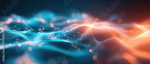 Abstract waves of blue and orange light create a vibrant digital landscape, showcasing intricate patterns and connections.