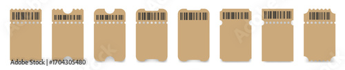 Set of brown ticket mockups with bar codes, ruffle edges and shadows. Small vertical empty templates. Concert, movie or theater ticket. Blank, lottery, sale coupon