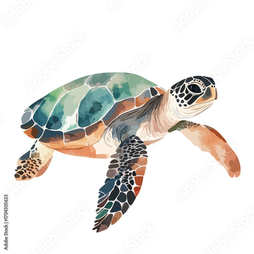 Watercolor Sea Turtle with Detailed Shell and Textured Skin Swimming