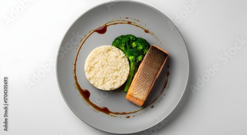 High-Key Grilled Salmon Fillet on Grey Plate with Linen. Clean and Fresh Macro Shot.
