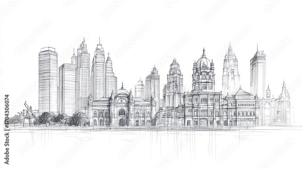 Obraz premium City skyline line art architectural sketch