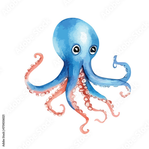 Watercolor Style Blue Octopus with Curled Pink Tentacles and Wide Eyes